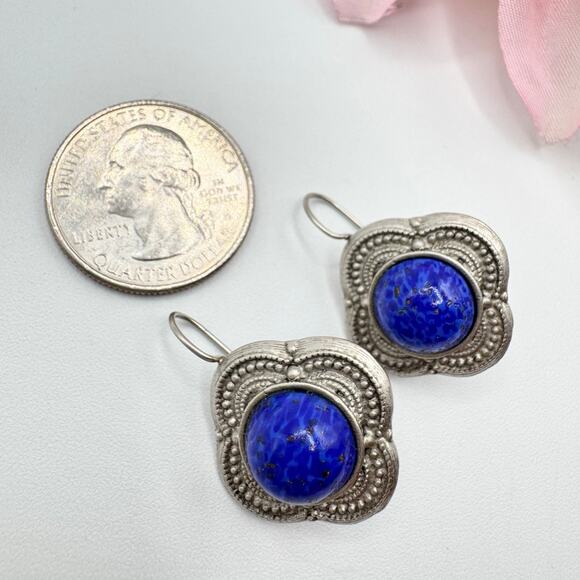 Vintage Blue Speckled Peking Glass Cabochon Earrings Etruscan Revival Bohemian - Picture 7 of 13